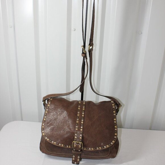 Cavalcanti Womens Brown Leather Studded Flap Crossbody Bag Purse Made in Italy - Picture 1 of 13